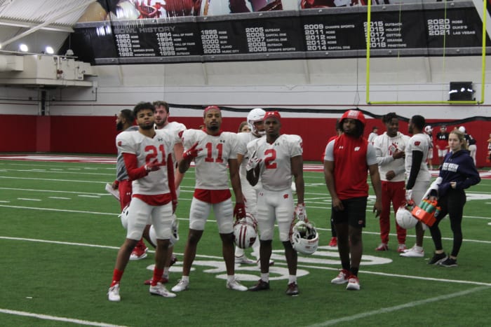 The Wisconsin cornerbacks posing for a picture during a break time.